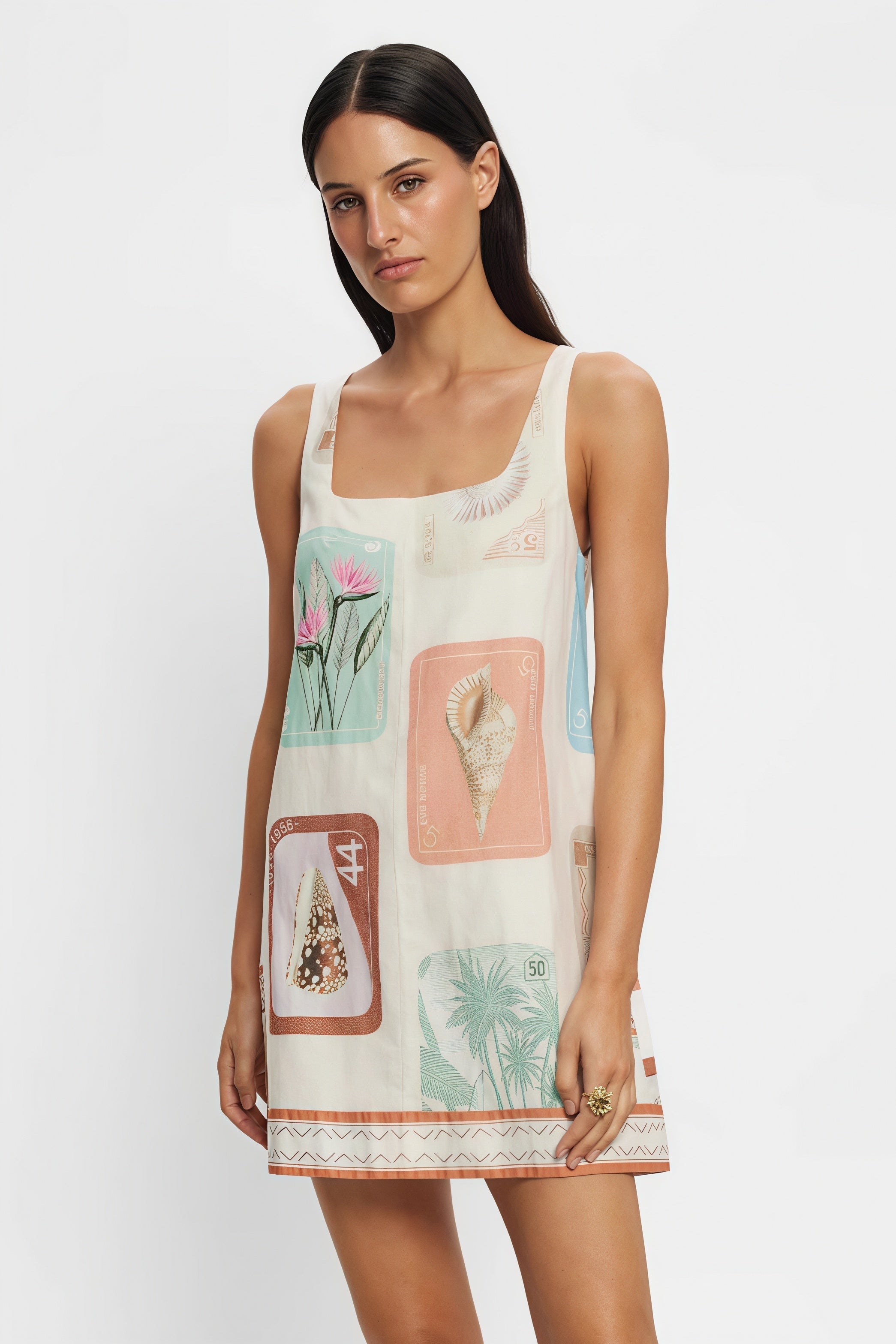 Tropical Stamp Print Square Neck Wide Strap Mini Dress