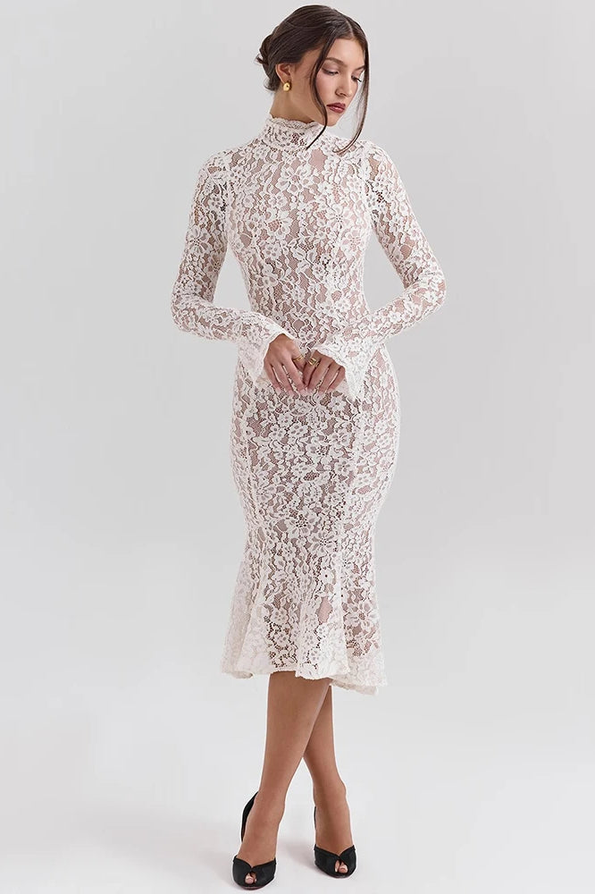 Floral Lace Mock Neck Bell Sleeve Mermaid Hem Midi Dress