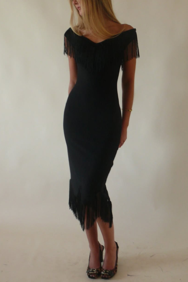 Solid Color V-neck Off-shoulder Slim-fit Tassel Midi Dress