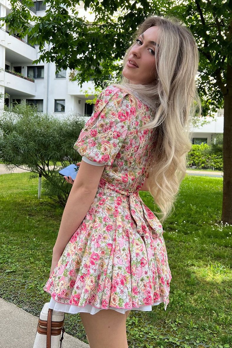 Pink Peter Pan Collar Puff Sleeve Button Front Pleated Ruffle Hem Floral Print Mini Dress