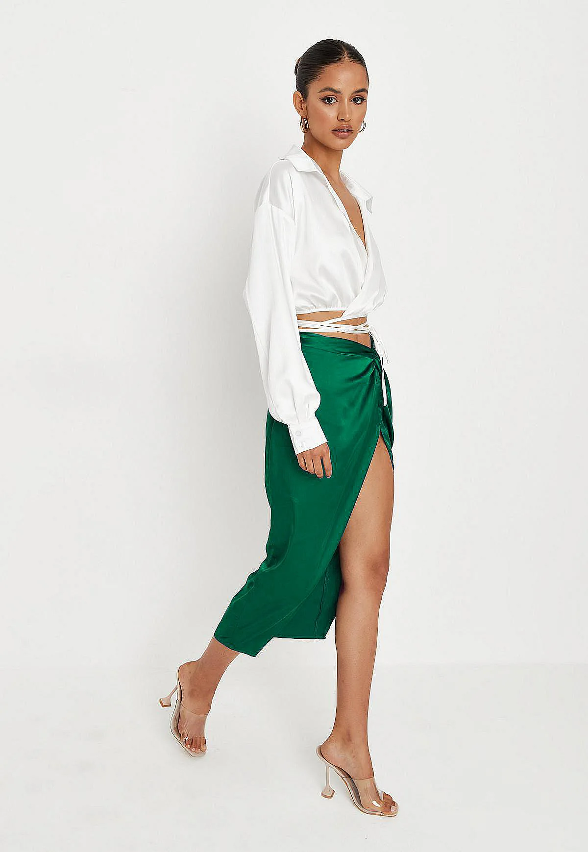 Ootddress Women Solid Satin High Splite Out Sexy Skirts Folds Irregular High Waist Bodycon Long Skirts Female French Style Outwears