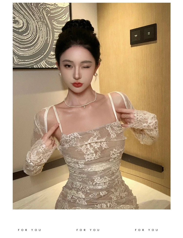Sexy Bodycon Lace Long Dresses for Women Wedding Party Dress Spaghetti Strap with Smock French Vintage Evening Maxi Vestidos New 9 Sexy Bodycon Lace Long Dresses for Women Wedding Party Dress Spaghetti Strap with Smock French Vintage Evening Maxi Vestidos New