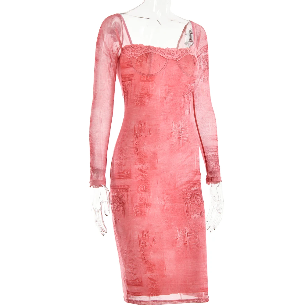 Ootddress-Long Sleeve Printed Dress for Women, Bodycon Lace Midi Dress, Elegant Party Evening Dress, Square Neck, Autumn,