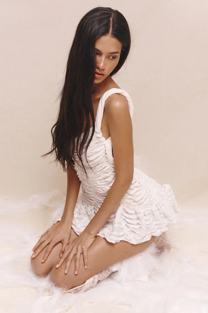 Ruched Sweetheart Neck Asymmetrical Draped Hem Mini Dress