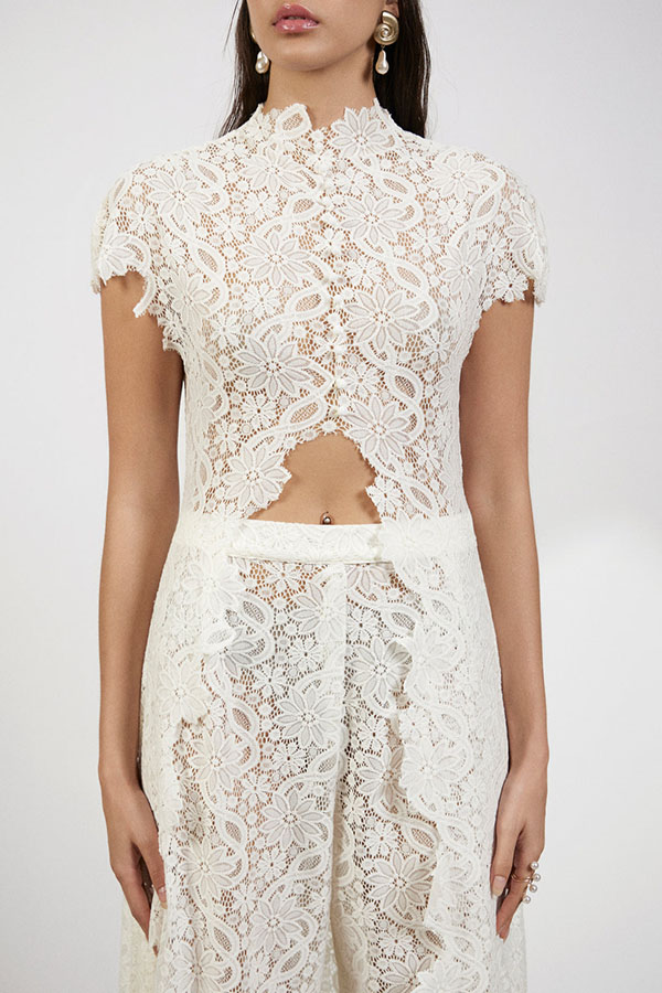Elegance Avant-garde Floral Lace Short Sleeve High Low Top and High Rise Wide Leg Pants Set