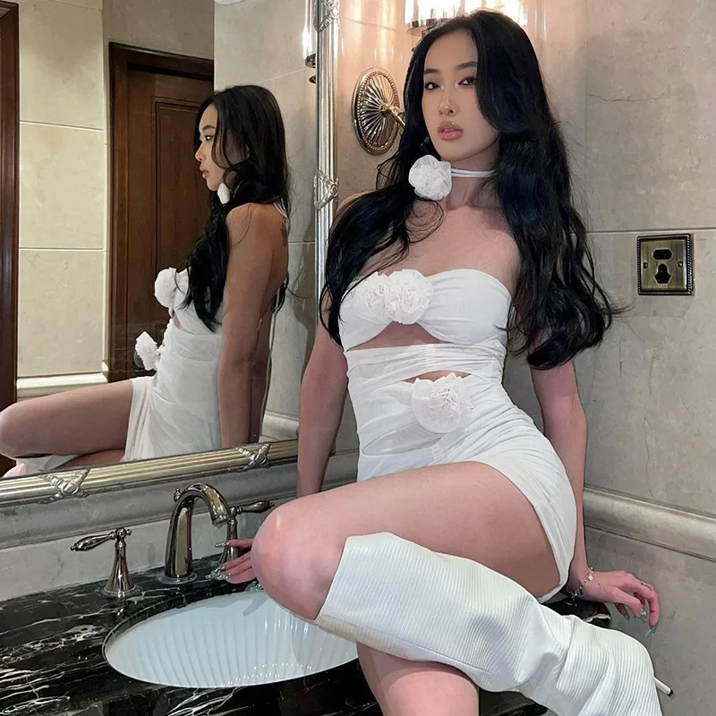 Ootddress Lace Up Flower Sexy Dress For Women Njght Hollow Out Summer Mini Dresses Woman Slim Party Backless Dress Women's Clothing