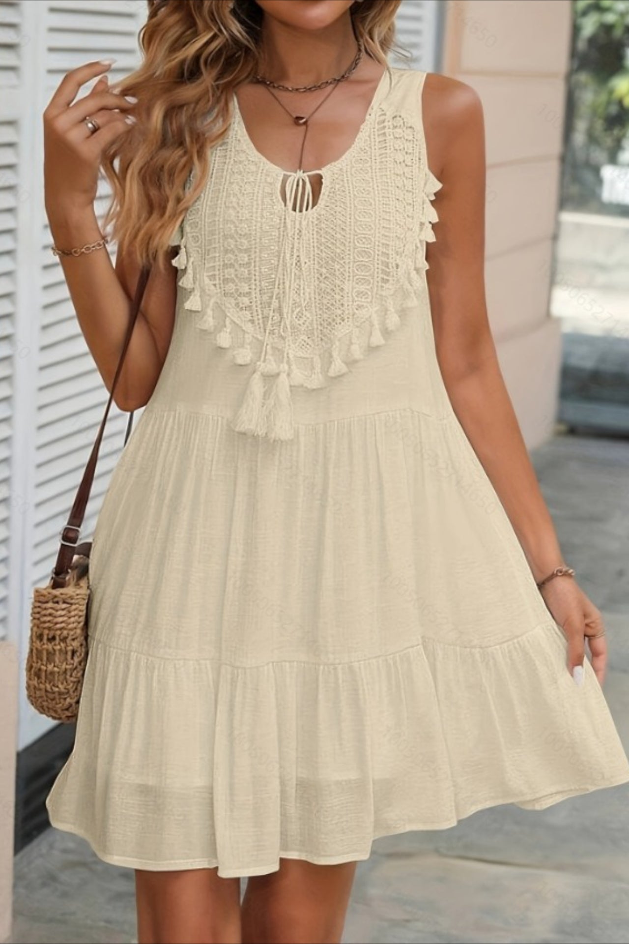 Keyhole Neck Crochet Lace Bib Tassel Tiered Mini Dress