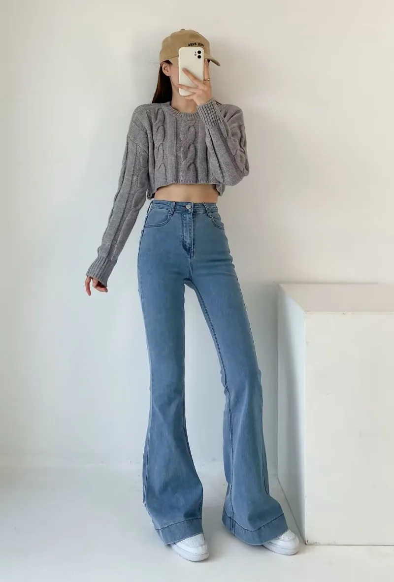 Ootddress Flare Jeans Women Summer Streetwear Bodycon Long Denim Pants 2025 Blue Elastic Fashion Y2K Trousers High Waisted Jeans