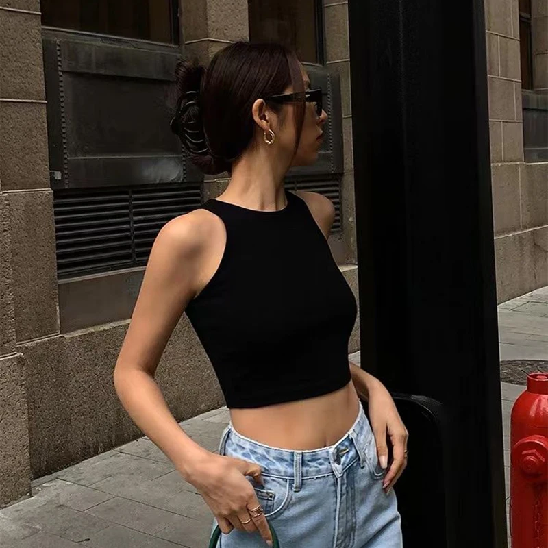 Women Solid O Neck Ribbed Sleeveless Tank Top Camisole Women Summer Basic Elastic Black Crop Top Ladies