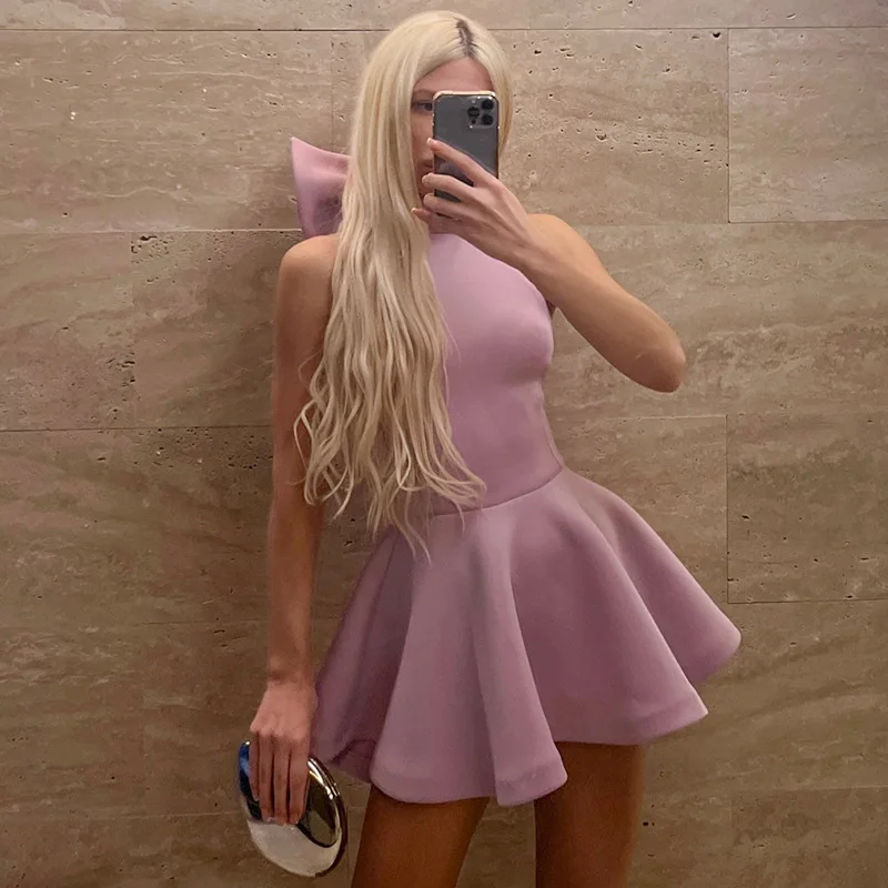 Ootddress Big Backless Bow Dress For Women Slim Pleated Sexy Sleeveless Solid Splice Halter Neck Evening Party Mini Dress Female