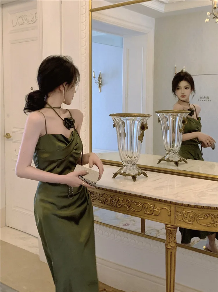 Elegant Solid Satin Midi Dress Women Spaghetti Strap Bodycon 3D Flower High Waist Slim Evening Party One Piece Lady Vestidos