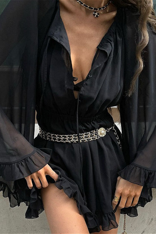 Deep V-Neck Button Front Bell Sleeve Ruffle Hem Chiffon Romper