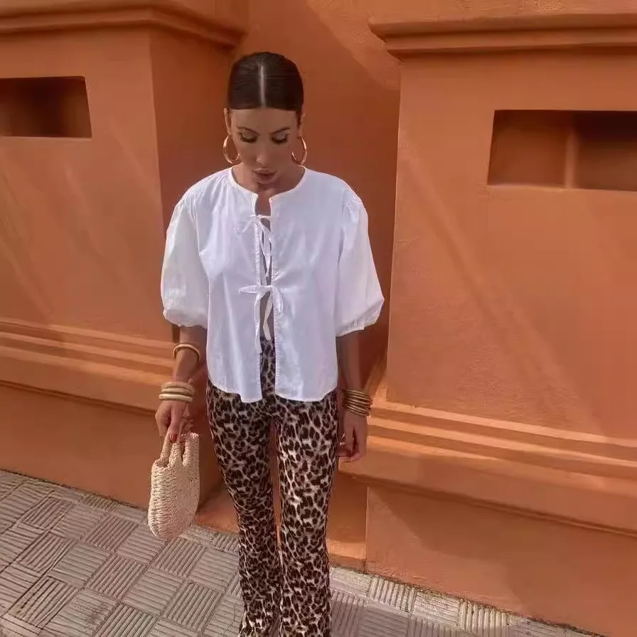 TRAUXY White Lace-up Short Sleeve Shirt For Women Casual Loose Solid Color Patchwork Summer Blouse Female Club Party Outfits