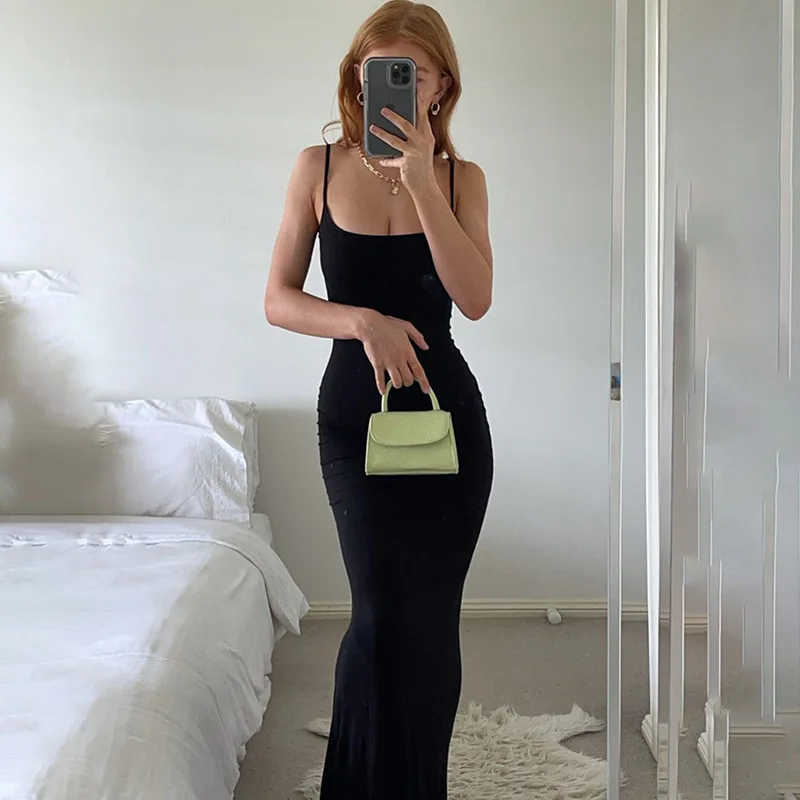 Dresses For Women 2025 Sexy Spaghetti Strap Black Long Dress Evening Y2k Sleeveless Solid Skinny Bodycon Maxi Vestidos