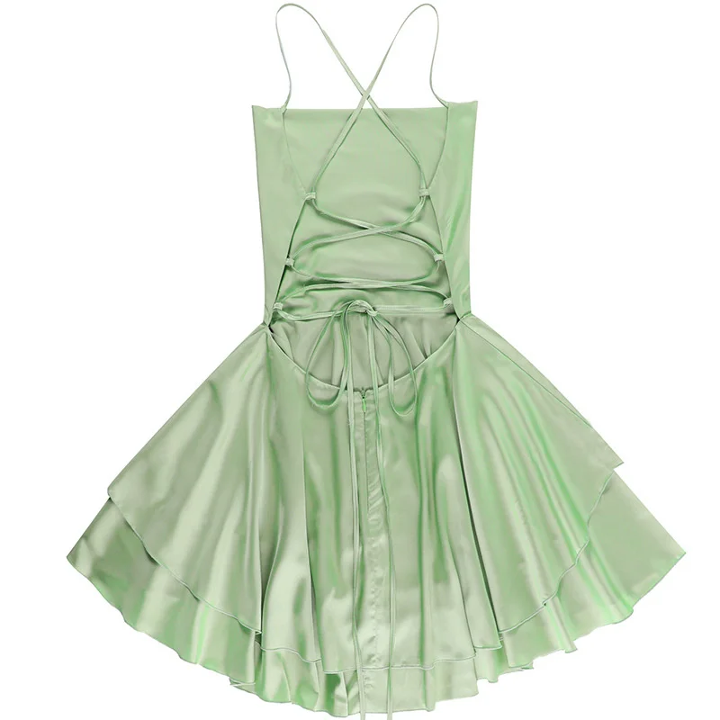 Ootddress Satin Spaghetti Strap Mini Dress For Women Robe New Sleeveless Backless Lace-up Short Dress Female Sexy Party Vestidos