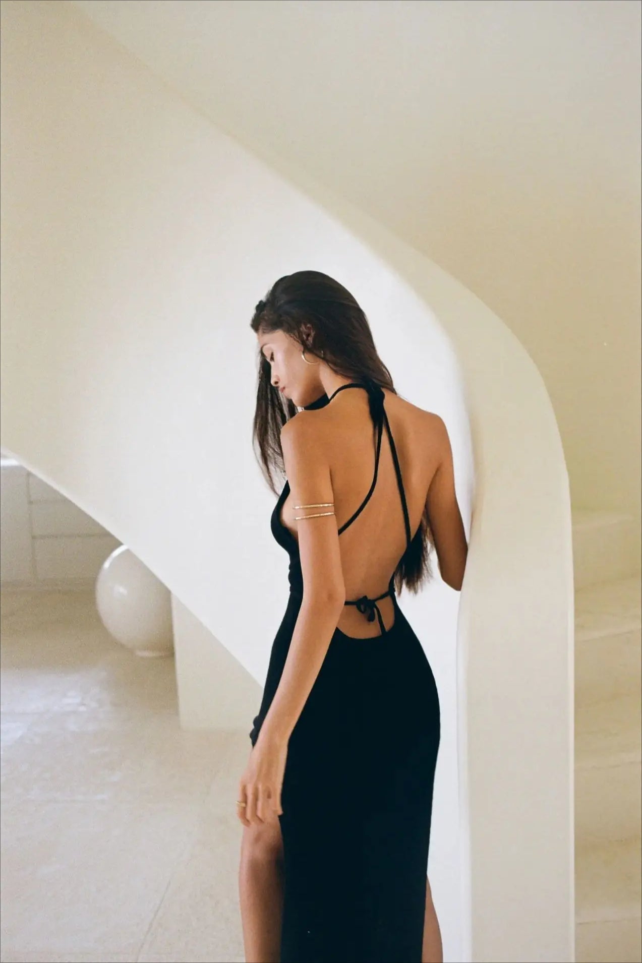 Ribbed Knit Halter Backless Double Side Slit Maxi Dress