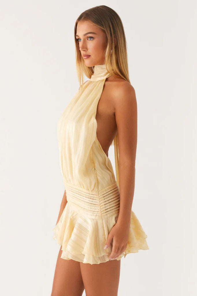 Jacquard Stripe Halter Neck Smocked Waist Tiered Ruffle Mini Dress