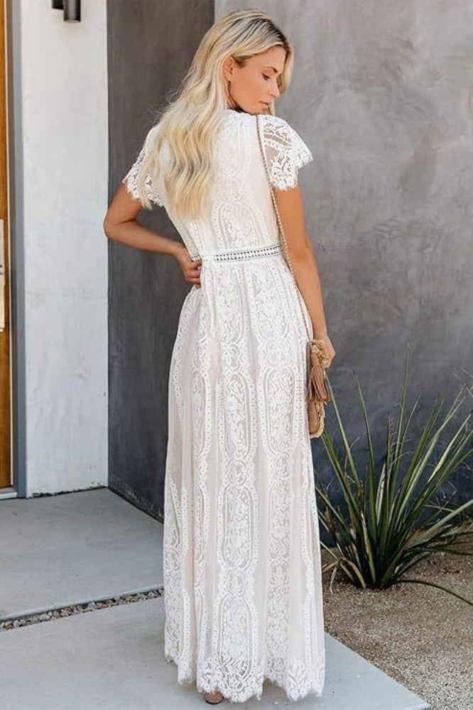 Deep V Neck Lace Cap Sleeve Empire Waist Scalloped Hem Maxi Dress