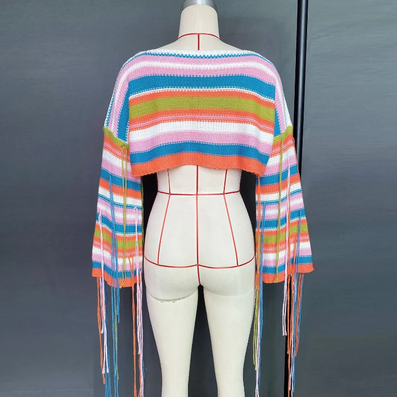 Ootddress Tassel Contrast Holiday Sweater Pullovers For Women Loose Flared Sleeve Beach Boho Knit Female Cover up Pullover Crop top 10 Ootddress Tassel Contrast Holiday Sweater Pullovers For Women Loose Flared Sleeve Beach Boho Knit Female Cover up Pullover Crop top