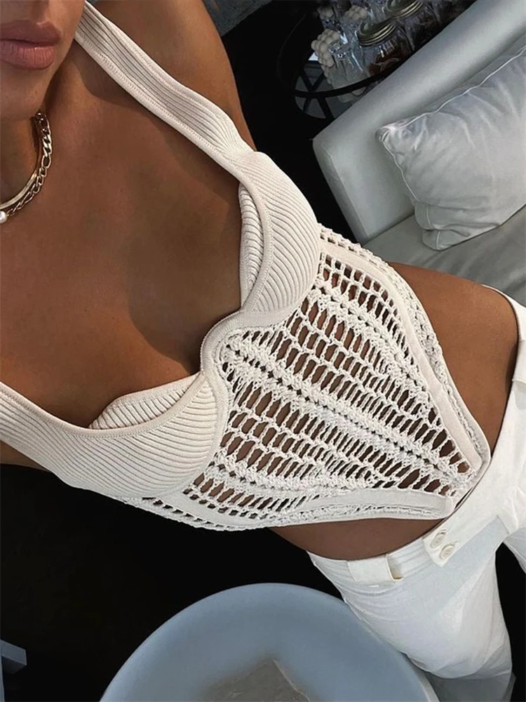 Ootddress Fishbone Waist Crocheted Knitted Crop Tops Women Vest Tee 2025 Summer Sexy Sleeveless Hollow Out Y2K Tops Corset Top
