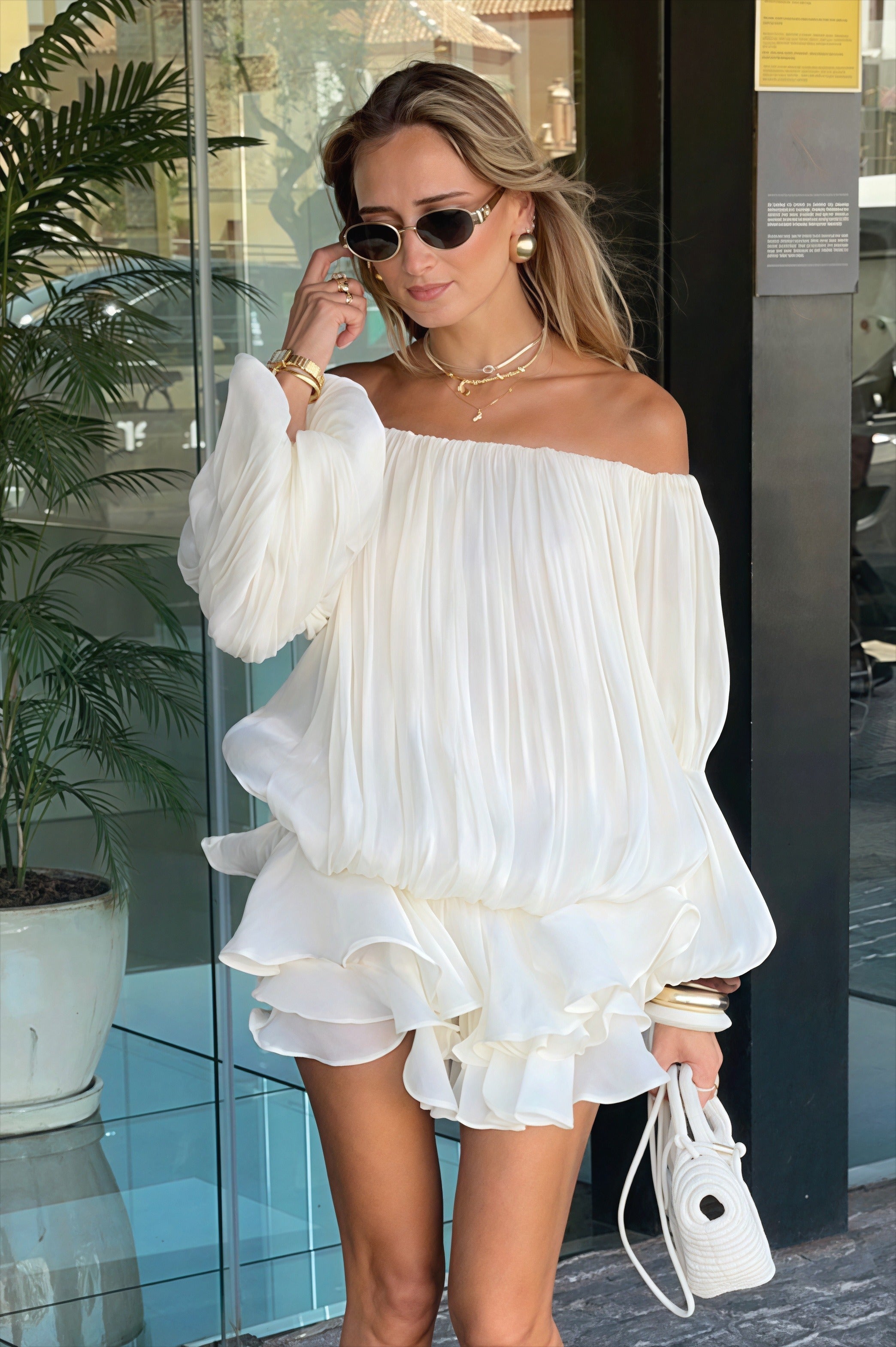 Off Shoulder Pleated Balloon Sleeve Tiered Ruffle Mini Dress