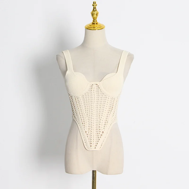 Ootddress Fishbone Waist Crocheted Knitted Crop Tops Women Vest Tee 2025 Summer Sexy Sleeveless Hollow Out Y2K Tops Corset Top