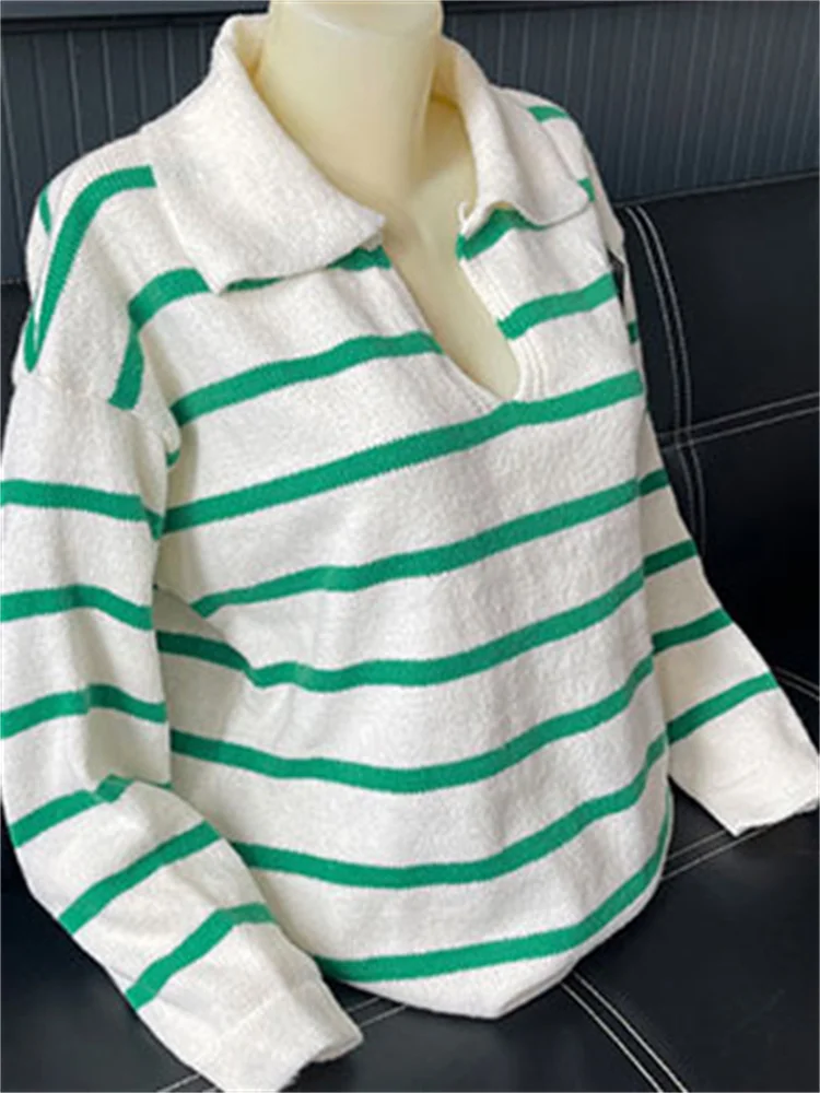 Ootddress V-Neck Knit Casual Pullover For Women Striped Slim Long Sleeve Contrast Loose Sweater High Street Knitwear Pullover Top