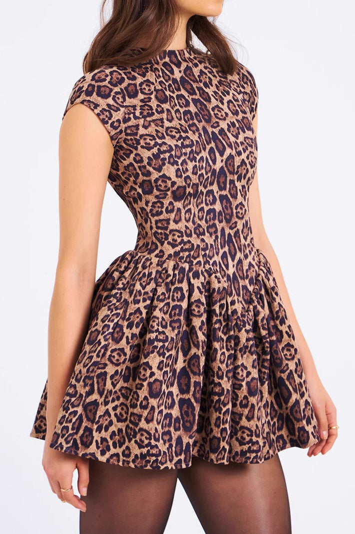 Print Mock Neck Cap Sleeve Gathered Pleated Flared Mini Dress