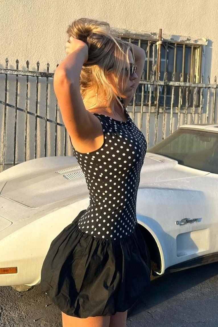 Polka Dot Boat Neck Sleeveless Bubble Hem Drop Waist Mini Dress