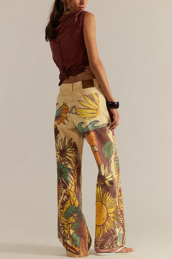 We The Free Denim Playful Doodle Printed Mid Rise Pocket Wide Leg Jeans