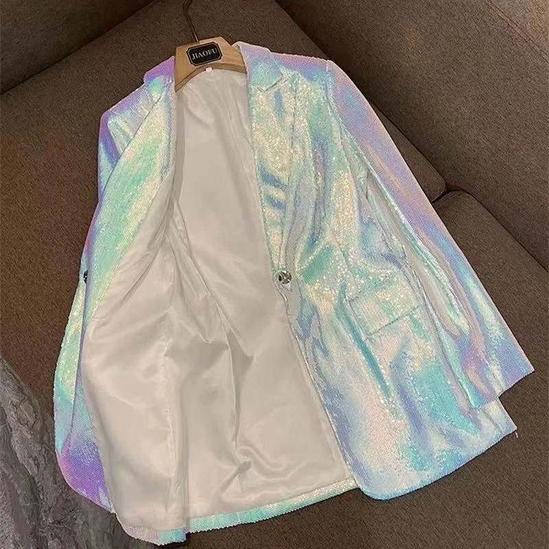 Ootddress Sparkly Blazer Short Suit For Women 2025 Autumn Turn-down Collar Blazer Jaclets And Shorts Ladies 2 Piece Sets Outfits
