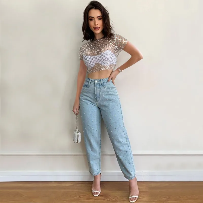 Ootddress Mesh Splice Sequins Cover-up Women Sexy See Through Short Sleeve Crop Tops Ladies 2025 Party Beach Shirts Cover Up Femme