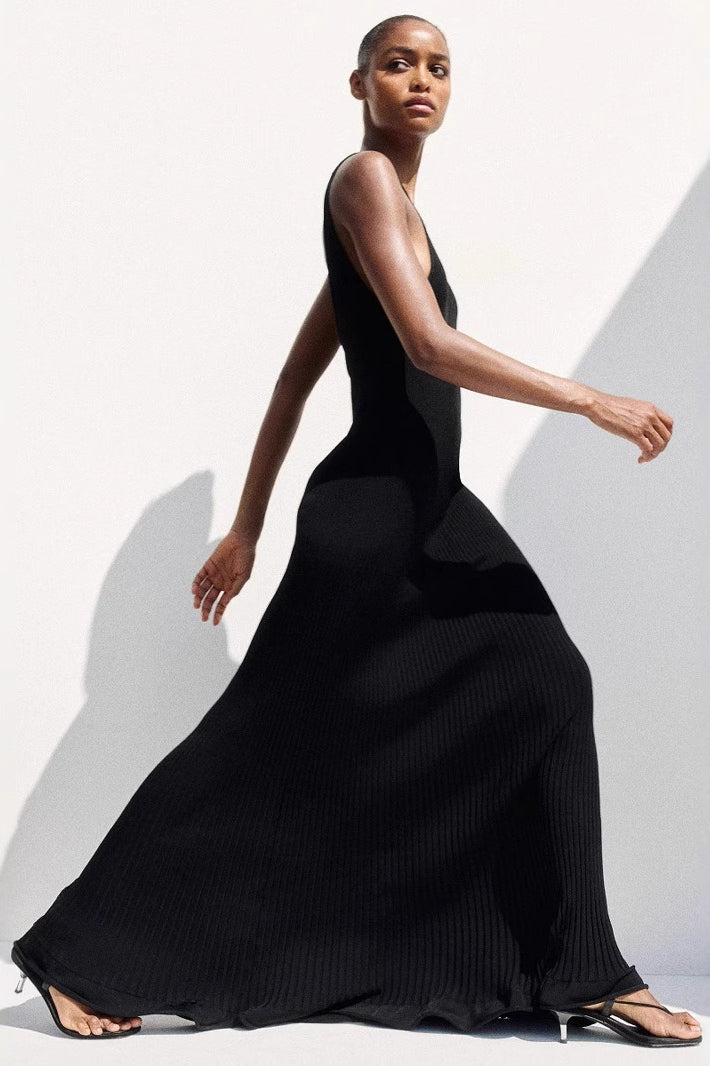 Ribbed Knit Racerback Halter Neck Mermaid Maxi Dress