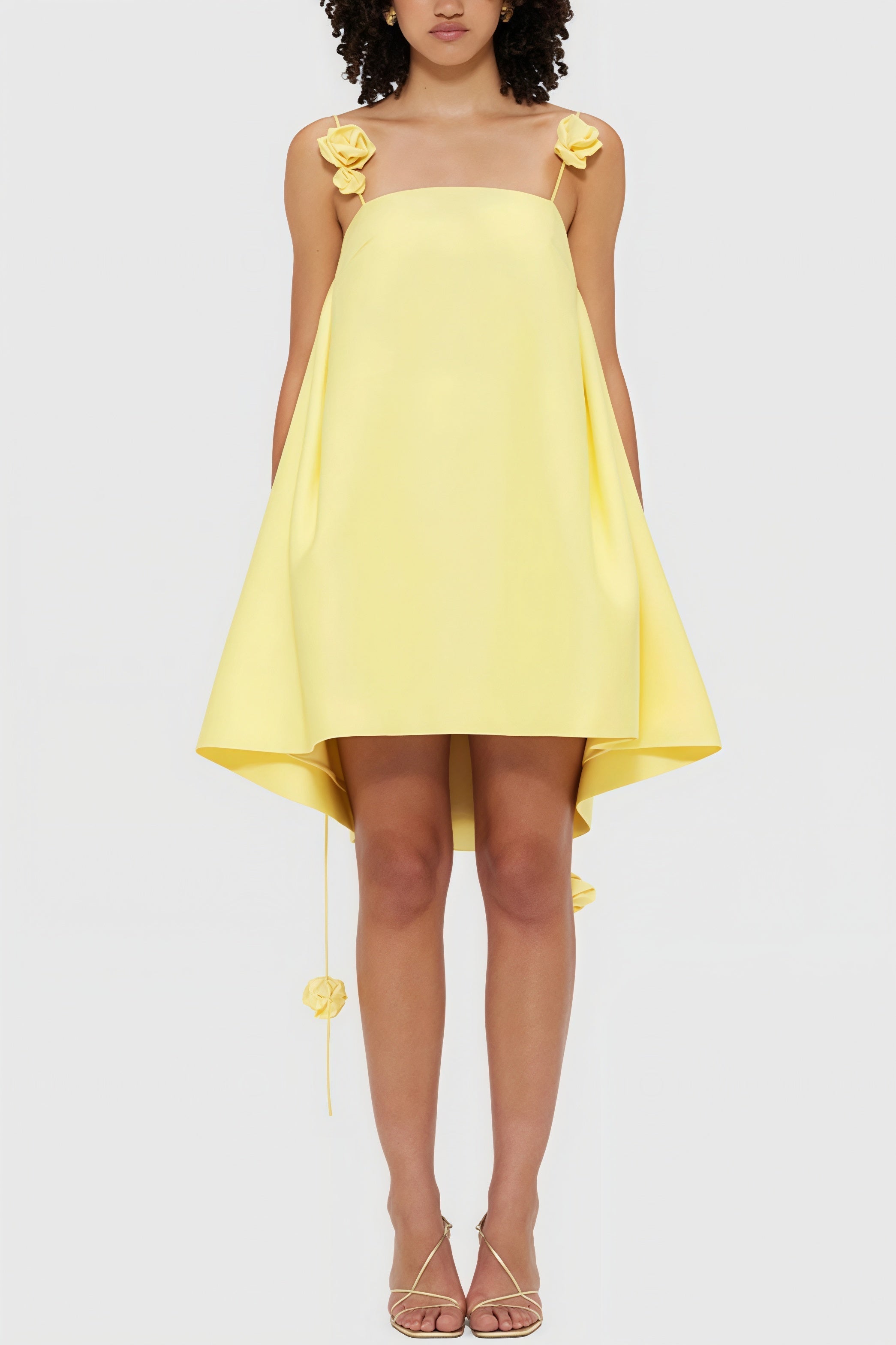 Square Neck Spaghetti Strap Rosette Applique Satin Trapeze Mini Dress