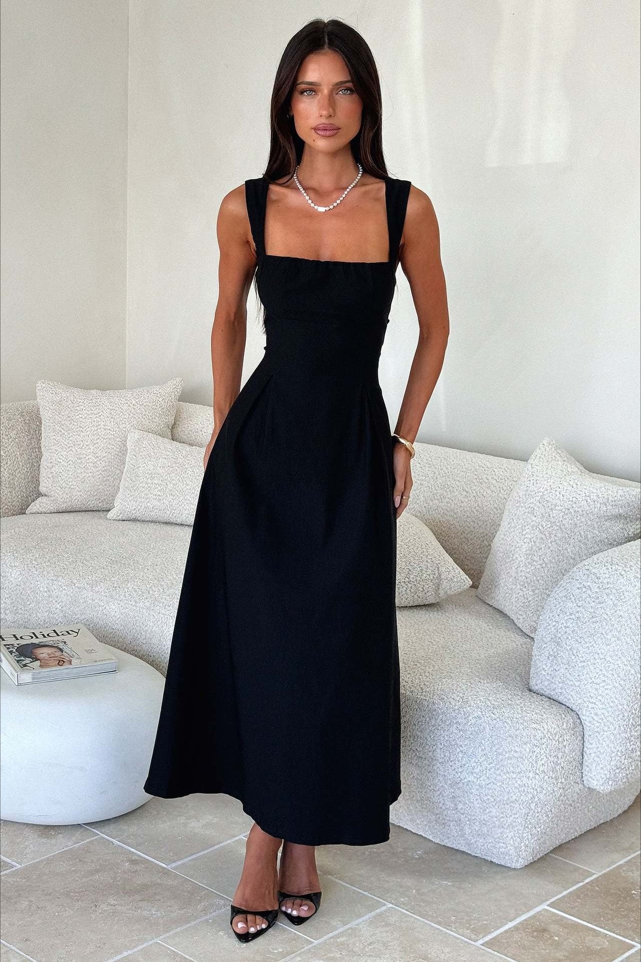 Square Neck Gathered Bust Wide Strap Pleated Pocket Midi Dress