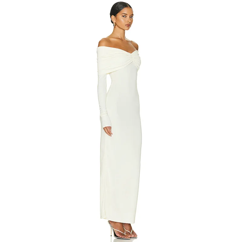 Ootddress White Pleated Slim Maxi Dress Elegant For Women Patchwork Off-Shoulder Fashion High Waist Dress Ladies Solid Party Dress