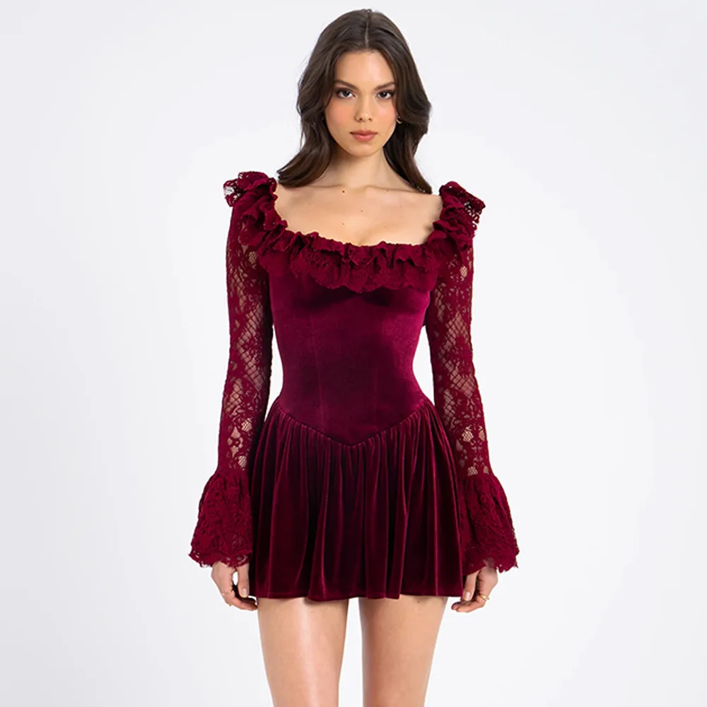 Ootddress Elegant Long Sleeve Lace Patchwork Tight Dress Women Sexy Trumpet Sleeves Slim Skirt Autumn/Winter New 2025 Vestido