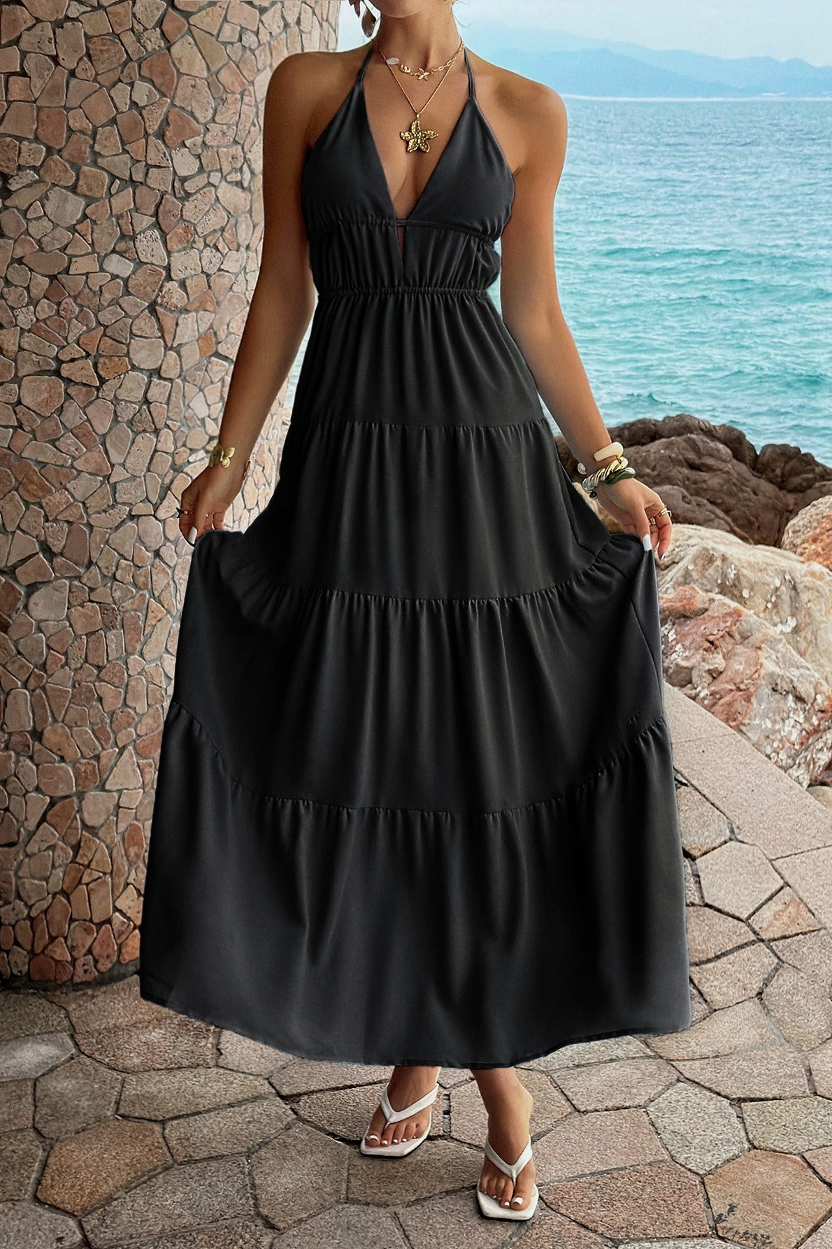 Deep V Neck Halter Smocked Waist Tiered Maxi Dress