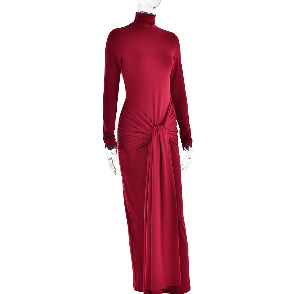 2.jpg Ootddress High Neck Long Sleeve Bodycon Dress For Women Tight Elastic Lace Up Maxi Long Dress Autumn New Party Club Vestidos