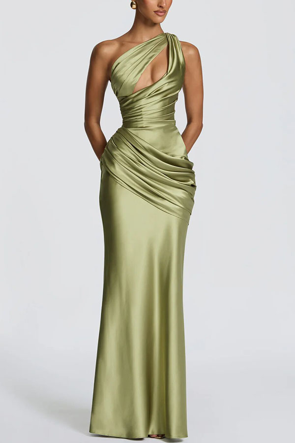 Emina Satin One Shoulder Asymmetrical Neck Cutout Back Lace-up Drape Maxi Dress