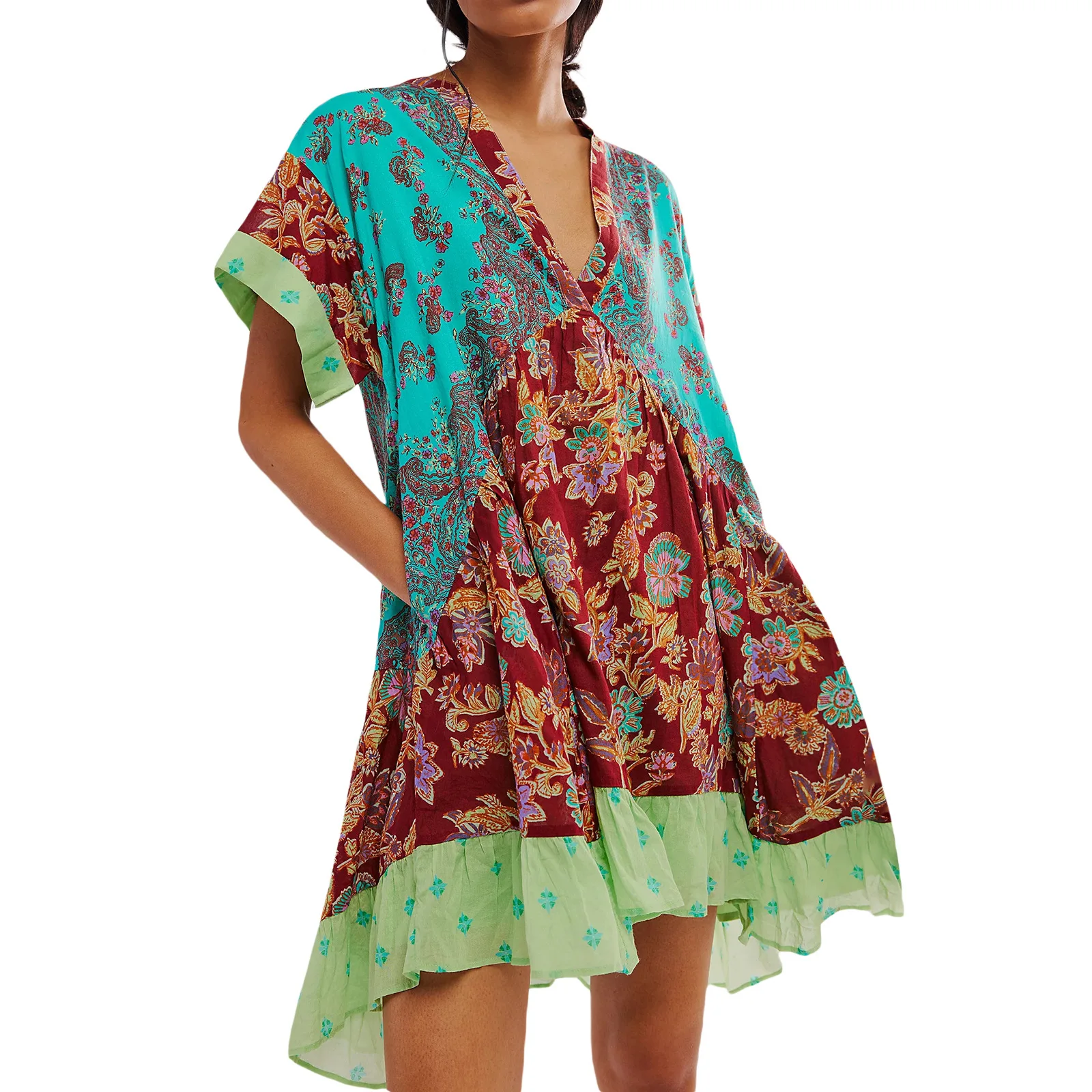 Color Vintage Print Mini Dresses Women Spring Summer New V-neck Short Sleeves Folds Loose Irregular Short Dress Fashion Vestidos 14 Color Vintage Print Mini Dresses Women Spring Summer New V-neck Short Sleeves Folds Loose Irregular Short Dress Fashion Vestidos