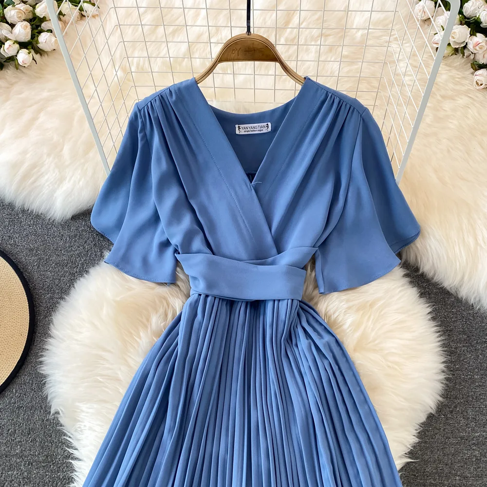 Women Elegant Pleated Dress Summer Short Sleeve V-neck Vintage Dresses Ladies A Line High Waisted Midi Dress