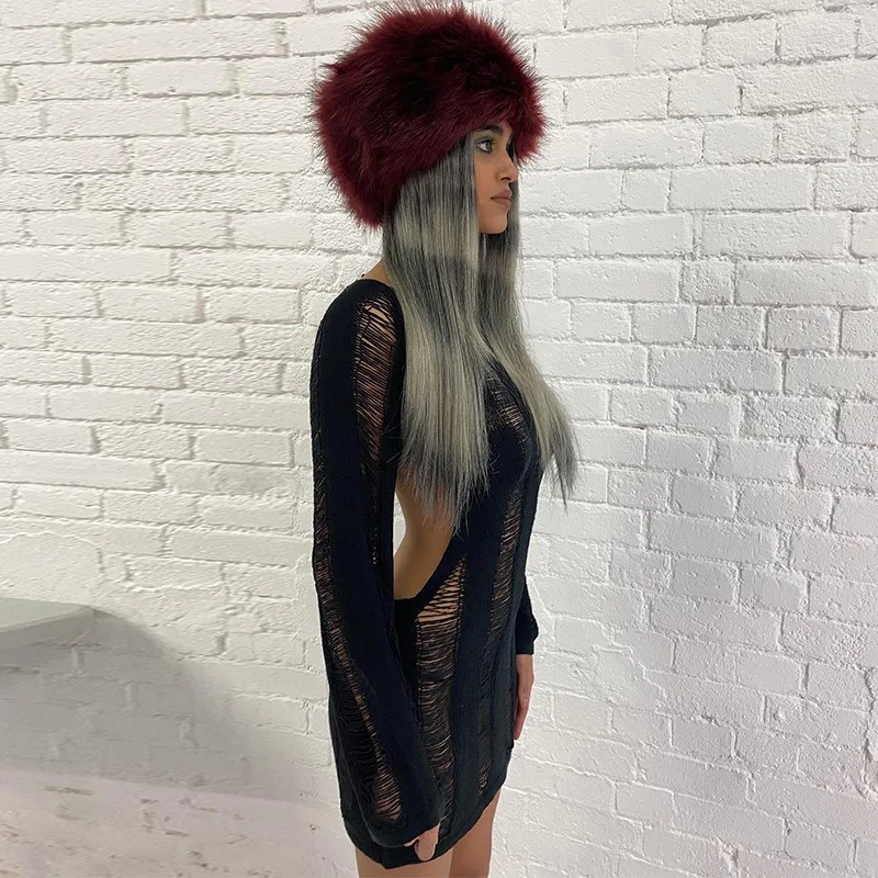 Ootddress Sexy Sheer Knitted Dress Women Bodycon Long Sleeve Hollow Out Mini Dresses Femme Club Sexy Backless Knitwear Dress Womens