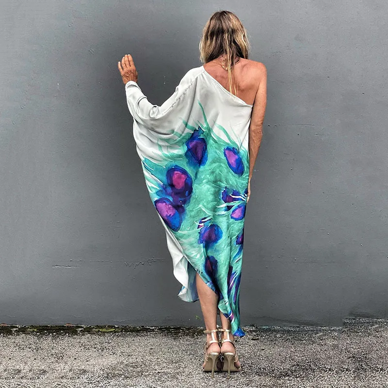 Color Butterfly Print One Shoulder Sleeve Dresses Women Sexy Off Shoulder Loose Beach Vacation Irregular Long Dress Streetwear 17 undefined