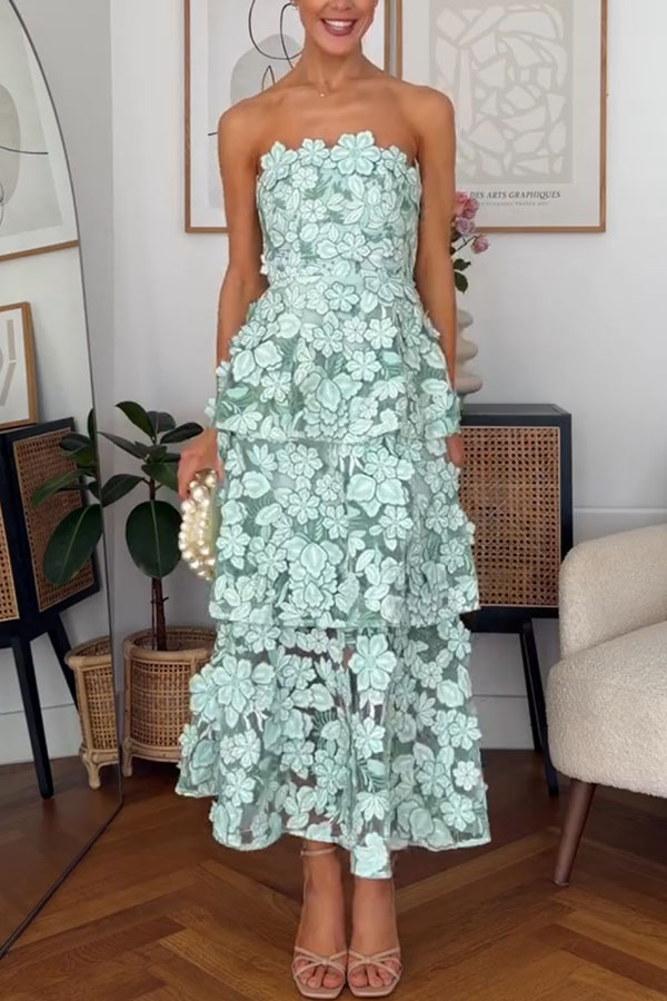 Cocktail Events 3D Embroidery Floral Detail Off Shoulder Tiered Hem Maxi Dress