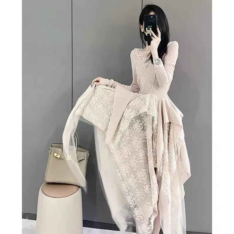 French Vintage Elegant Lace Dress Women 2025 Spring Summer New Irregular Splicing Long Bridesmaid Evening Party Dress Prom Robe