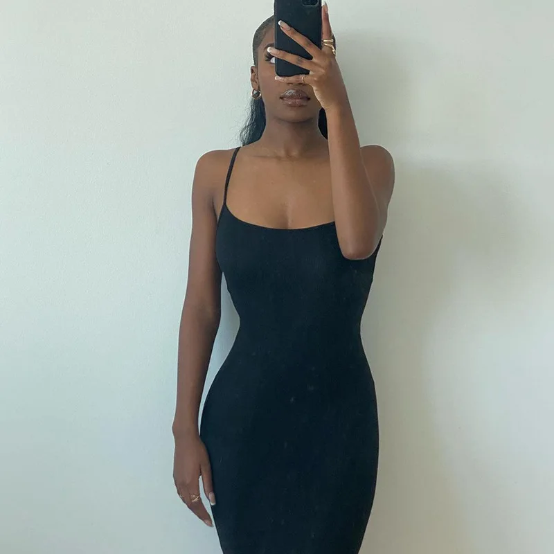 Dresses For Women 2025 Sexy Spaghetti Strap Black Long Dress Evening Y2k Sleeveless Solid Skinny Bodycon Maxi Vestidos