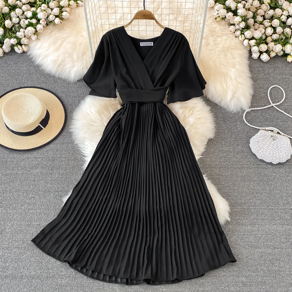 Women Elegant Pleated Dress Summer Short Sleeve V-neck Vintage Dresses Ladies A Line High Waisted Midi Dress