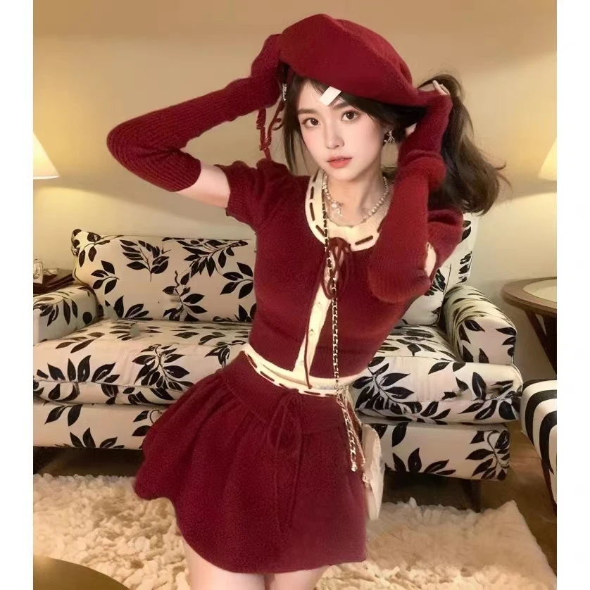Y2K Two-Piece Knitwear Suit Women Single Breasted Long Sleeve Cropped Top High Waist Mini Skirt Korean Fashion Knitted Outfits