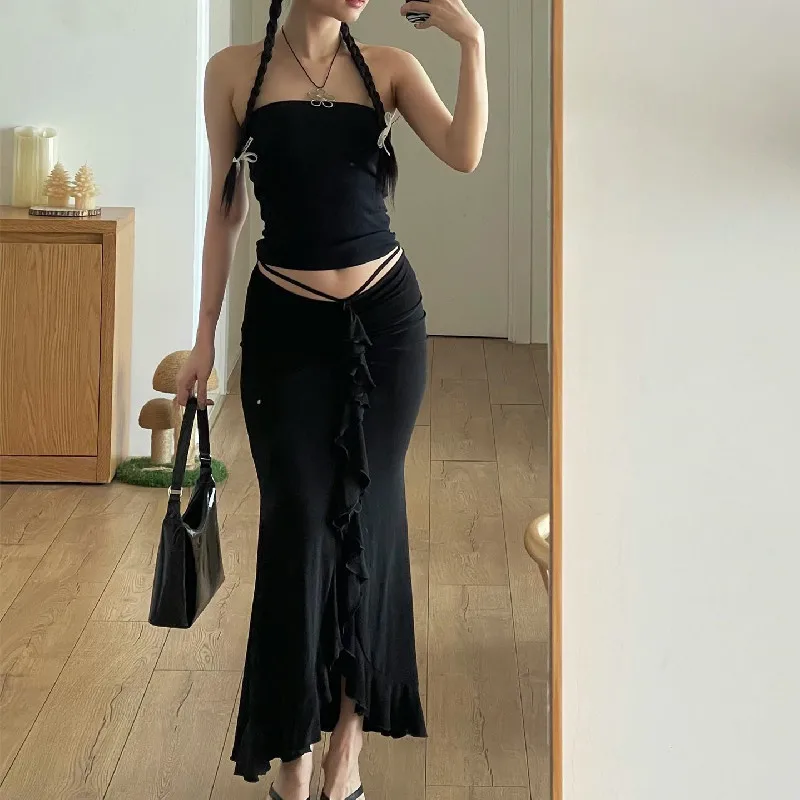 Ootddress Ruffled Fashion Tassel Skirt For Women Casual Patchwork Pleated Y2k Skirt Low Waist Lace-Up Slim Outfits Black Midi Skirt 11 Ootddress Ruffled Fashion Tassel Skirt For Women Casual Patchwork Pleated Y2k Skirt Low Waist Lace-Up Slim Outfits Black Midi Skirt